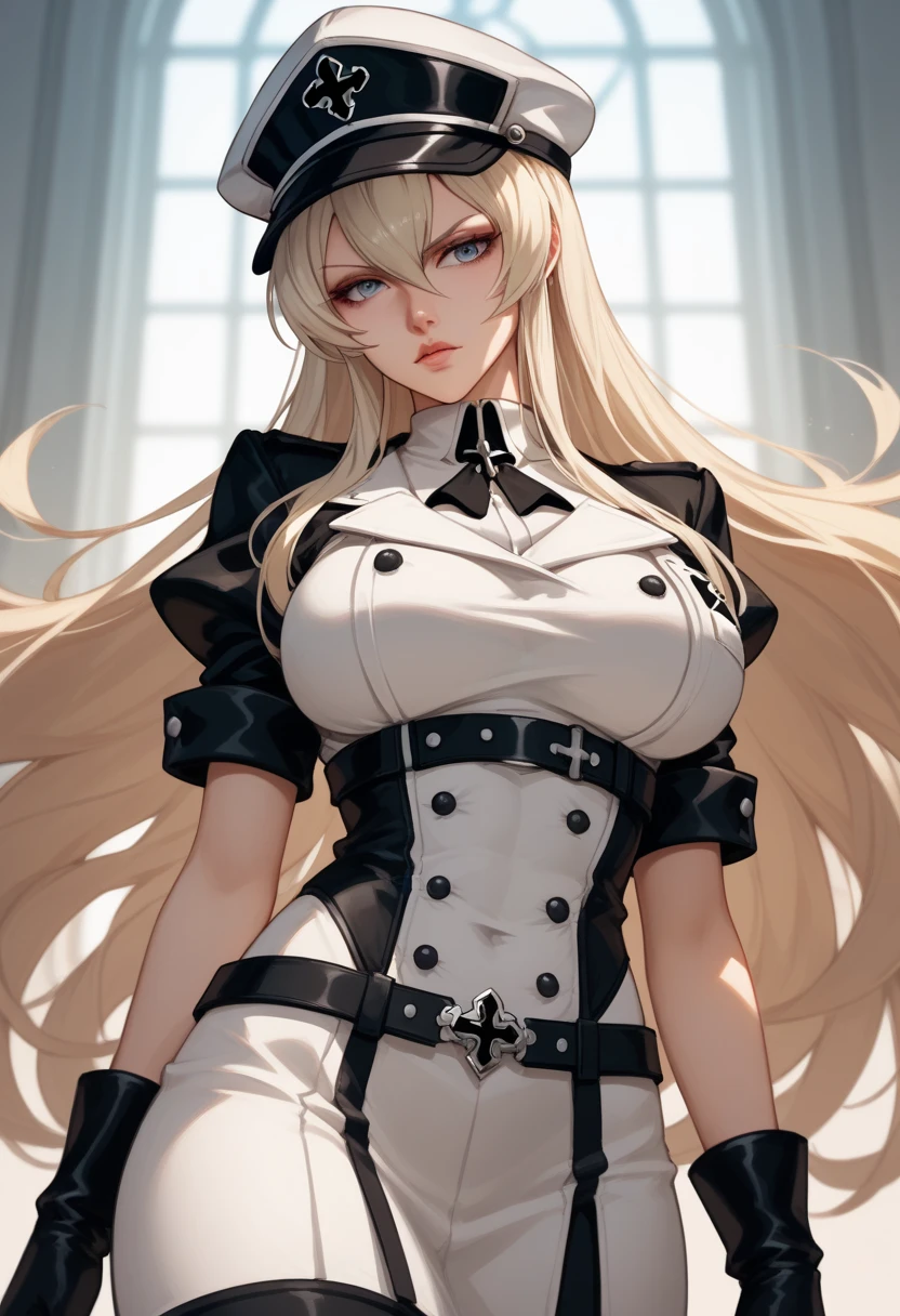 Create an image of the most stunningly beautifully WWII German SS elite esdeath, Stunningly gorgeous beautiful perfect face, long luscious eyelashes, black eyeliner, perfect makeup, red lipstick, vibrant sapphire eyes, perfect smooth skin, long platinum blonde hair, perfect hour glass body figure, dominatrix lingerie, seductive pose, WWII German SS Elite Officer HAT Officer Army leather Visor Crusher Cap Black, black leather German SS elite Officer trench coat,