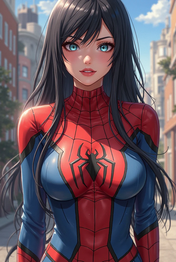 (1 girl:1.3), Alone, (((Very detailed face)))), ((Very detailed eyes and face.)))), beautifuls detalles ojos, body parts__, Official Art, unified 8k wallpaper, super detailed, beautiful and beautiful, beautiful, Masterpiece, Best Quality, Original, Masterpiece, super fine photo, Best Quality, super high resolution, realistic realism, sunlight, Full length portrait, extraordinary beauty, dynamic pose, delicate face, vibrant eyes, (FROM THE FRONT), He wears a Spider-Man suit., red and black color scheme, spider, fondo muy detallado del Ceiling de la ciudad, Ceiling, with city views, detailed face, detailed complex busy background, disordered, gorgeous, milky white, very detailed skin, realistic skin details, visible pores, clear focus, volumetric fog, 8k hd, DSLR, high quality, film grain, White skin, photographic realism, lomography, Futuristic dystopian megalopolis, translucent
