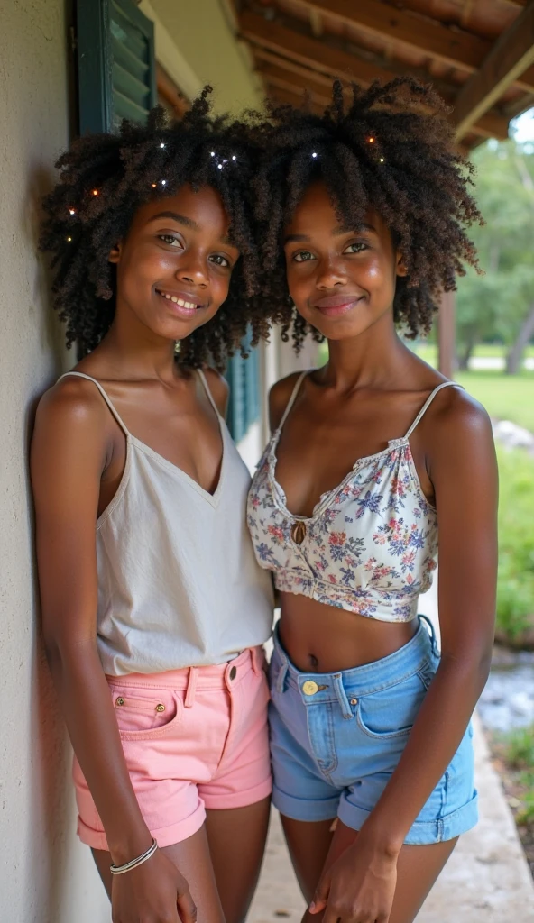 (conjoined_dicephalus), (2heads), 20-year-old black girl with two heads, afro, brown eyes, skinny, wearing a v-neck t-shirt and shorts, standing in a college dorm, texting