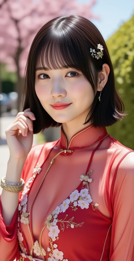 (masterpiece:1.4), (best quality:1.4), ultra high res, ultra high resolution, ((detailed facial features)), HDR, (realistic, photorealistic, photo-realistic:1.37), full body Esbian, sexy Thai model, (-anime), only 1 model, vivid colors, ((vivid colors multicolor very short hair)), (big smile), lip-gloss, long lashes, defined eyebrows, wearing large sparkling colorful jewelery, wearing a red silk Paradise Kiss cosplay dress with black floral embroidery, ((vivid colors outfit)), vivid colors, look at the camera, cinematic light, large park background with trees, sweet and sexy pose