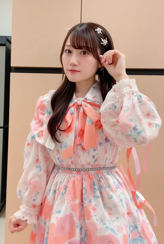(Luxury Maxi Long Dress in Pink, Long sleeve ruffle, White maid apron, White prim head), (スカートをたくし上げる with Panty shots with a polka dot pattern:1.3), (full length, whole body), (Black Hair, 16 years old, (Small waist and large bust style, low length:1.2), Short Bob Hair, Aqua Eye, Brush Sticker, little star earrings, Vivid eyes, Sister's Girl, Round face, Eyebrows downwards, A slight blush, Look at the viewers, Affectionate Cute, pretty girl, Surreal school girl, Look at the viewers, smile, Hina's Hymn), (Surrealism, Natural light, Depth of written boundary, Nikon, 8k, Super detailed, masterpiece, Attention to detail, Anatomically correct, Awards), View your viewers