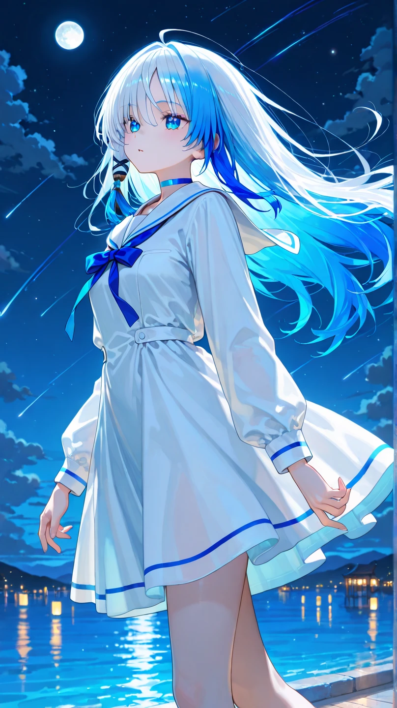 Long transparent light sky blue hair,Wear soft ones, Loose and creamy blue、JK school uniform,White pleated skirt,The waist is slender,The chest is relatively small,There is a little milk murderer,This cute cute girl