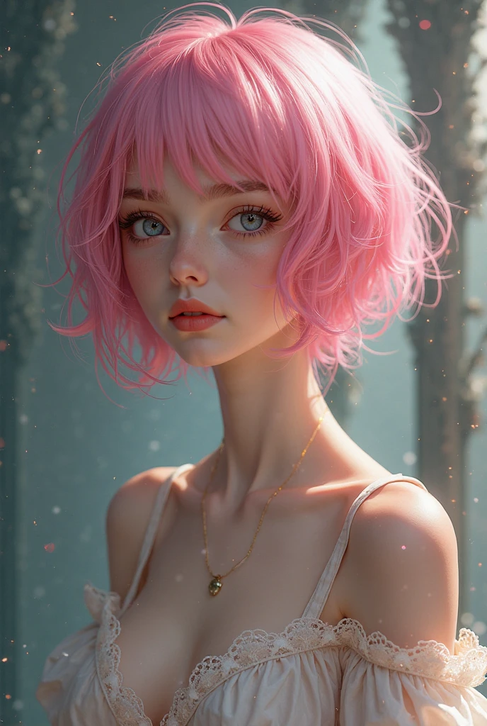 (masterpiece),(best quality:1.1),(Extremely detailed),Best Illustration,Fine details,(portrait:1.1),(Strong close-up),Watercolor)floating,1 Girl,Solitary,,Slim,(Extremely exquisite and beautiful face),(Detailed beautiful eyes),Thick pink lips,(Messy hair),(Wearing a pink loose T-shirt),weak,(Simple background:1.2)The whole colorful background,Clear,4K