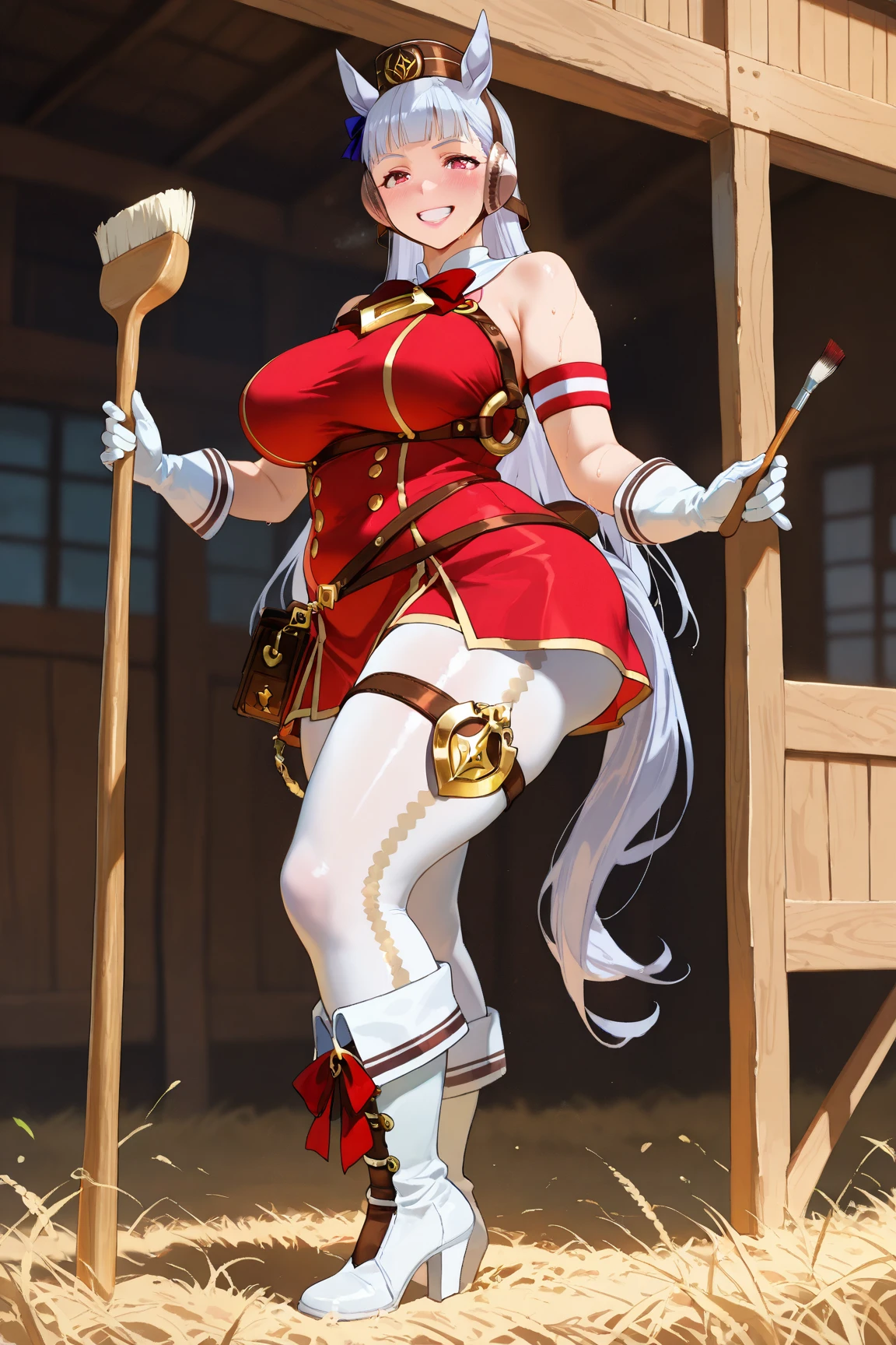 masterpiece, best quality, purah, red glasses, hair ornament, white jacket, sleeveless shirt, black skirt, looking at viewer, smile, open mouth, furrowed brow, rustic village, huge breast, blushing, lab, holding test tube, gear, mechanical parts in background