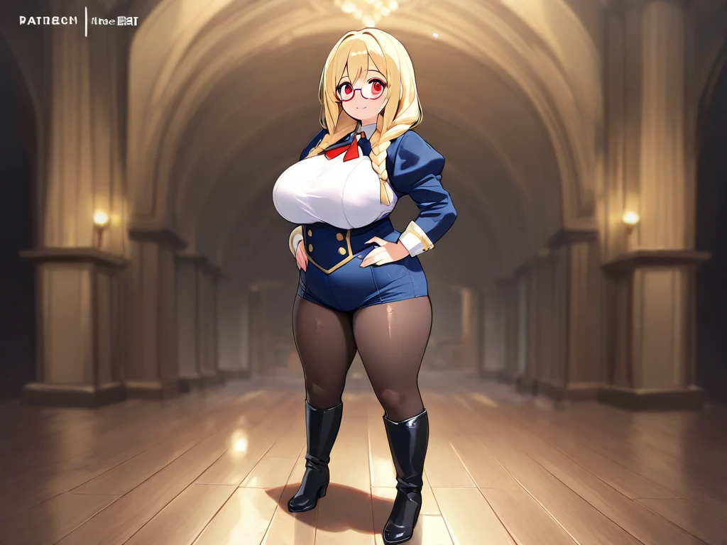 pirate captain outfit with pirate hat, Red Jacket、Gold Tassel, blouse with white frills, Black trousers, brown thigh high boots, Eye patch, Huge breasts, Huge hips, Huge thighs, Huge calves, Narrow waist, Hourglass Shape, shiny black pantyhose, piloting a wooden ship, Fine grain, leggings, 4K High Resolution