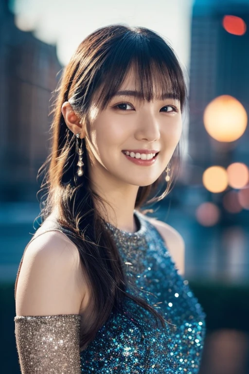 One girl, upper body, (in sleeveless sparkling evening dress:1.2), (RAW photo, best quality), (realistic, photo-realistic:1.4), masterpiece, very delicate and beautiful, highly detailed, 2k wallpaper, wonderful, finely detailed, highly detailed CG unity 8k Wallpaper, super detailed, high resolution, soft light, beautifully detailed girl, highly detailed eyes and face, beautifully detailed nose, beautifully detailed eyes, film lighting, night city lights, perfect anatomy, slender body, smile