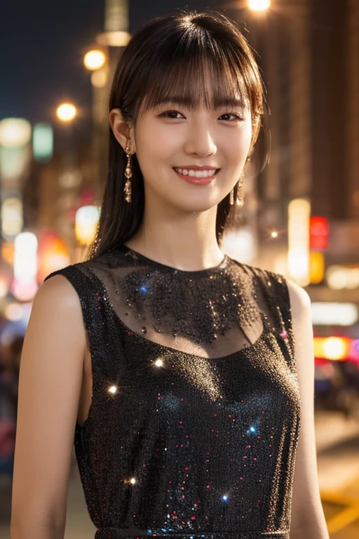 1girl,(wearing a sleeveless glittery evening dress),(RAW photo, best quality), (realistic, photo-realistic:1.4), masterpiece, an extremely delicate and beautiful, extremely detailed, 2k wallpaper, Amazing, finely detail, extremely detailed CG unity 8k wallpaper, ultra-detailed, highres, soft light, beautiful detailed girl, extremely detailed eyes and face, beautiful detailed nose, beautiful detailed eyes,cinematic lighting,city lights at night,perfect anatomy,slender body,smiling  <lora:nagayaharuko_lora:0.8>