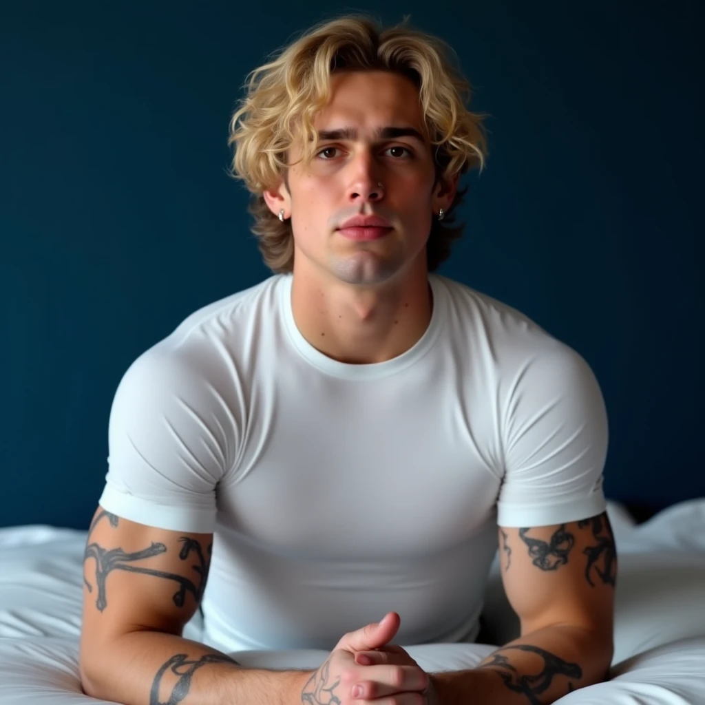 Hyperrealistic art photo of typerson a man, curly hair, wearing a tank top, outside a house, laying down on grass, sunset, looking at viewer, <lora:ty_xl:.9> . Extremely high-resolution details, photographic, realism pushed to extreme, fine texture, incredibly lifelike