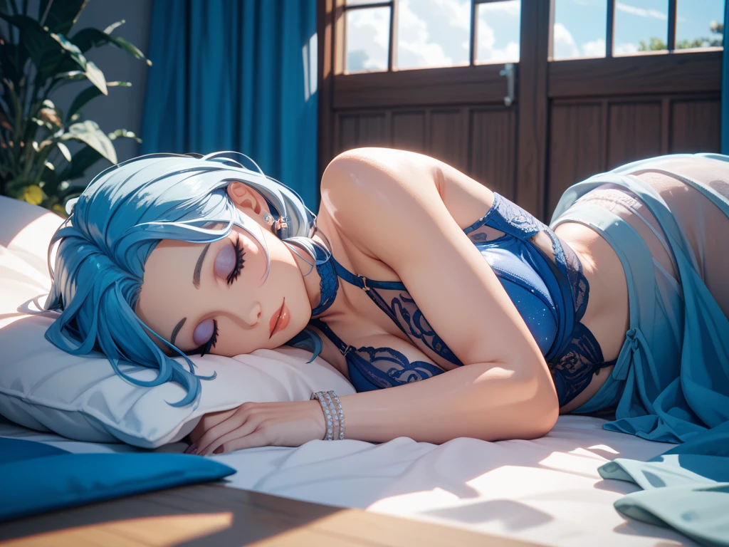 (masterpiece, best quality), photorealistic, cinematic, anime girl, 1 girl, ((full-body shot:1.5)), head to toe visibility, perfect anatomy, curvaceous body, alluring, perfect eyes, ((sleek bob cut:1.5)), ((lips slightly parted:1.5)), perfect hands, large-sized breasts, round ass, long round legs, in peaceful slumber, ((the woman with blue hair sleeps on one's side serenely:1.5)), ((her hair cascades over the pillow:1.5)), her nightwear is a simple yet elegant ensemble, a navy blue silk pajama set that shimmers in the moonlight, her blanket, a soft aqua color with a delicate pattern, extremely detailed Artgem, ig model, artgem, alena aenami and artgem, krenz cushart and artgem, artgem and atey ghailan