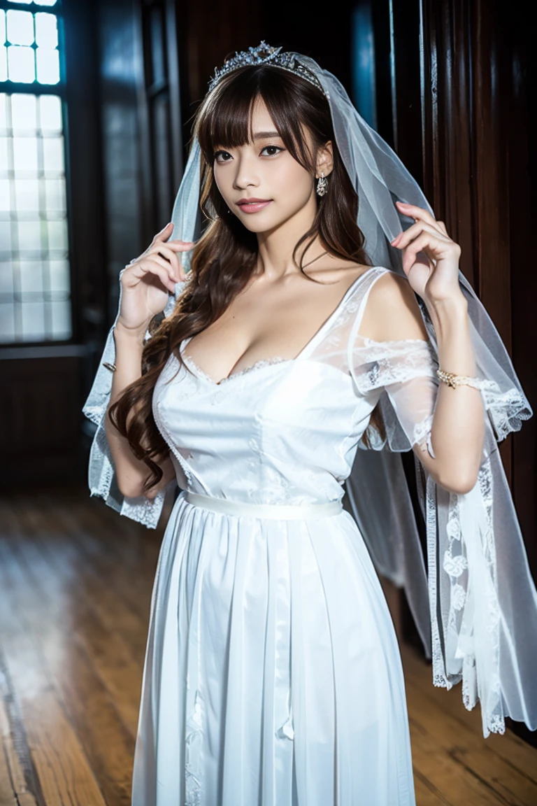 Highly detailed CG Unity 8K wallpapers、top-quality、ultra-detailliert、masterpiece、realisitic、Photorealistic highly detailed cute girl、(25-years old)、red blush、round idium chest、cleavage of the breast、Semi-body shots、White wedding dresses、Valley、landscaped gardens、(White Princess Line Wedding Dresser Tiara、White choker、White lace gloves、white panty hose:1.2),(White skirt、Beautiful embroidery、White lace garter belt:1.2),Beautiful necklaces、The whole body is reflected、Staring straight ahead、Mouth ajar、Enchanted、A wistful look、Ecstatic face、cum faced、Standing、The whole body is reflected.
