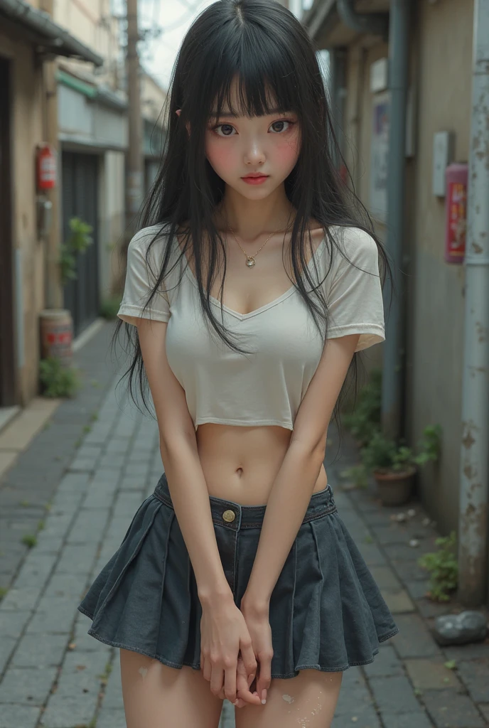solo, sly smile, very long disheveled brown hair with a dark purple tint, Young girl, perfect brown eyes, expressive eyes, looking at viewer, 8k wallpaper, perfect lighting, masterpiece, (Beautiful small Breasts:1.2), (slender girl), bangs between the eyes, (on the street in small town:1.3), summer day, band on the head in the form of cat ears, denim low-waist microshort, loose cropped sweater with open shoulders, parororo, ariawm, mfbp