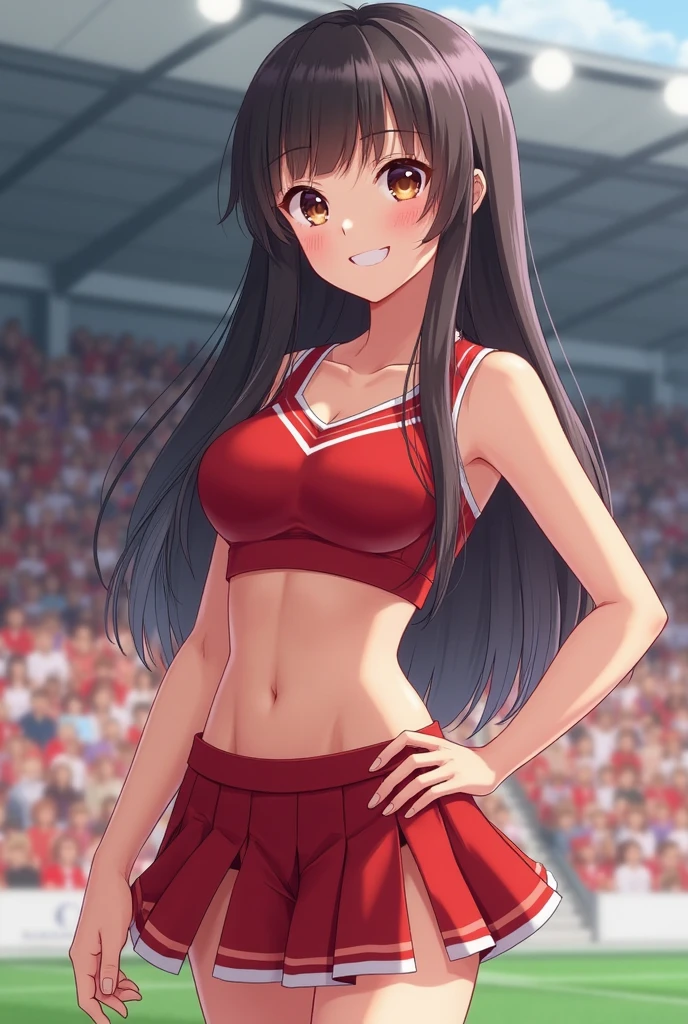Cheerleader,A small smile,cheer leading,Jump,Vibrant,(Cheerleader uniform), (((masterpiece))), (((highest quality))), ((Very detailed)), (figure), ((Very delicate and beautiful)),(Bokeh,Blurred Background),(Best Shadow), One girl,White panties, Black Hair, Long Hair, cute,cute,change, Shining highlight spots around the eyes, Depth of written boundary, Character Focus,Tilt your head, Random Pause,Cowboy Shot,
