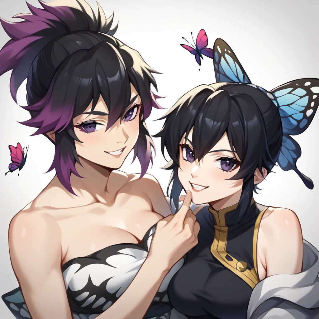 Ultra-realistic 8K CG，tmasterpiece，（（Ultra detailed backgrounds，delicate patterns，Complicated details）），Best quality at best，very vey very detailed face，very detailed eyes and faces，Very detailed eyes，Kochou Shinobu，O cabelo multicolorido，No bangs，hair intakes，Purple eye，haori，butterflys，obi strip，（trpical garden：1.2），purple flower，mostly cloudy sky，rays of sunshine，Tyndall effect，Gradient_sky，the face，beautiful sky，Saber on the waist，captivating posture，（Large breasts:1.3)，（cleavage:1.3)，（Off-the-shoulder attire:1.6)
