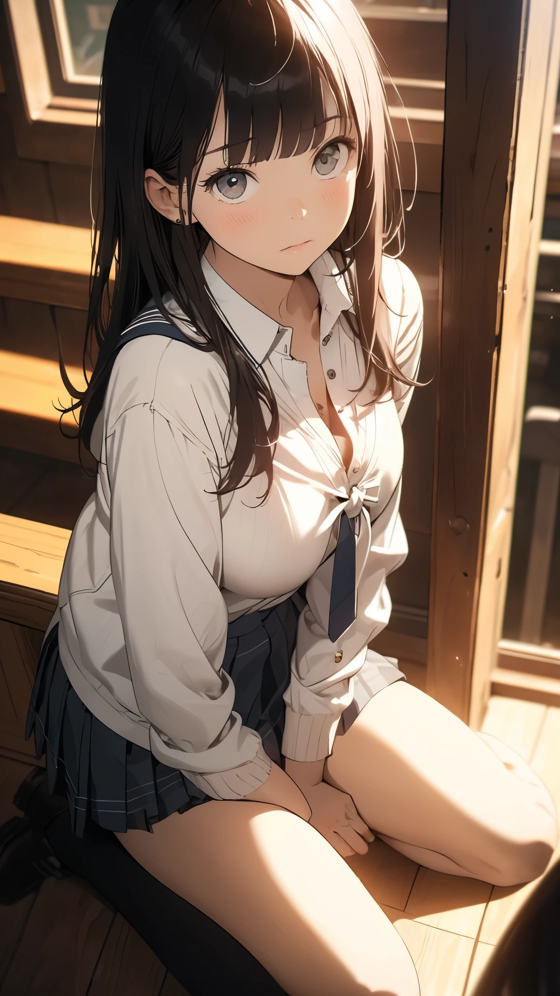 ((Correct Anatomy)),(Detailed image quality),(Female student)、((school uniform))、((Sailor suit))、(Mini Pleated Skirt),(((Black Stockings))),((School Uniform)),((standing)),Ultra-high resolution,Mature Woman, Mature Woman, Very detailed,Sunburned skin,Brown Skin,((Beautiful legs)), (Big Breasts),((Beautiful feet)),Perfect hands, Detailed fingers, Beautiful details, ((Long, long hair)),((Twin tails)),Black Choker, Earrings,loafers,Perfect Eyes, Captivating eyes,(School stairs)