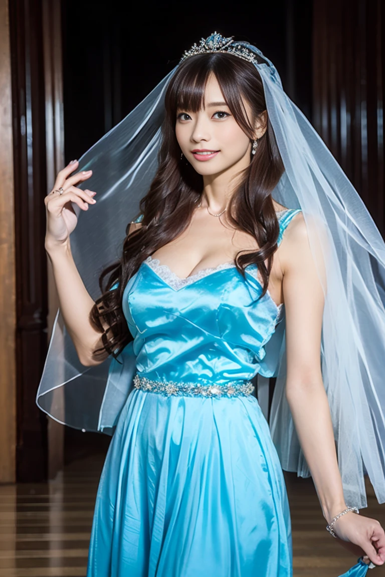 Frau Bou smiles in a sexy wedding dress in the style of Yoshikazu Yasuhiko's illustration