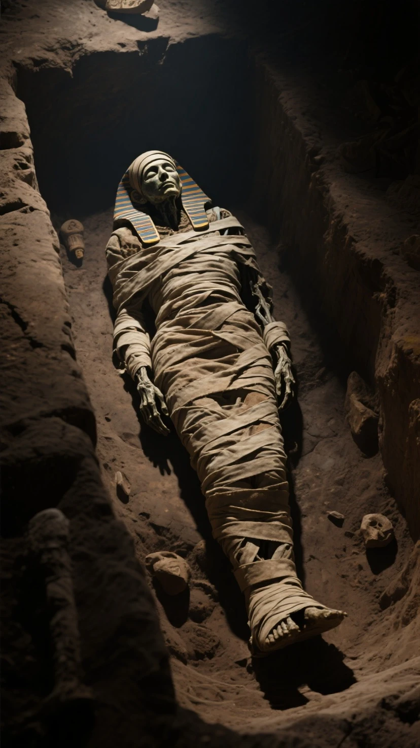 I need you to create an image of a mummified princess, lying on the coffin with her eyes open, traits of antiquity, wrapped in cloths, full of dust, good lighting, hands crossed on chest