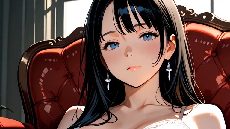 Kurosawa Dia, (((long hair))), (((straight hair))), bangs, beautiful black hair, hair accessory, (green eyes: 1.3), side locks, hair clip, blunt bangs, mole, mole under mouth,----Slender girl 1,Medium chest,View from below,Elegant black panties are visible,(From below: 1.2),(Squatting: 1.2),Elegant black panties,Hands behind head,View from below,Elegant black panties,((Beautiful elegant black panties 1.5)),((Beautiful elegant black bra 1.5)),Beautiful legs,(Cowboy shot),(8K,Raw,Best quality,Real 1.2),Ultra high quality,High resolution,Best quality,Perfect face,Perfect limbs,Perfect fingers,High resolution,(Beautiful anime face,Cute face,Detailed face),Smile of joy,Smiling expression,Lying on bed,Cowboy shot,Miniature human hands,(((Medium bust 1.3))),(((Slender thighs 1.3))),Pure white chalk interior,Pure white marble interior,((Pure white bedroom like a Western castle: 1.5)), (((Luxurious pure white canopy bed: 1.4)), (((Chandelier: 1.4))), ((Pure white bed 1.5)), ((Beautifully decorated bedroom 1.5)), ((Modern style bedroom 1.5)), perfect anatomy, perfect proportions, nice lighting, bright colors, clean lines, information, blurred, stunning facial expression, restless emotions, gorgeous and pretty, beautiful face and eyes with every detail, (masterpiece) beautiful face, young and handsome girl, really perfect skin, blurred, stunning facial expression, restless emotions, gorgeous and pretty, beautiful face and eyes with every detail, (Audrey Hepburn), (cute), (J-POP idol), (thighs, (depth of field), (depth of field), soft light, glittering lens gaze, (droopy eyes), straight teeth, shy smile, flowing hair, a scene from Blake's movie,