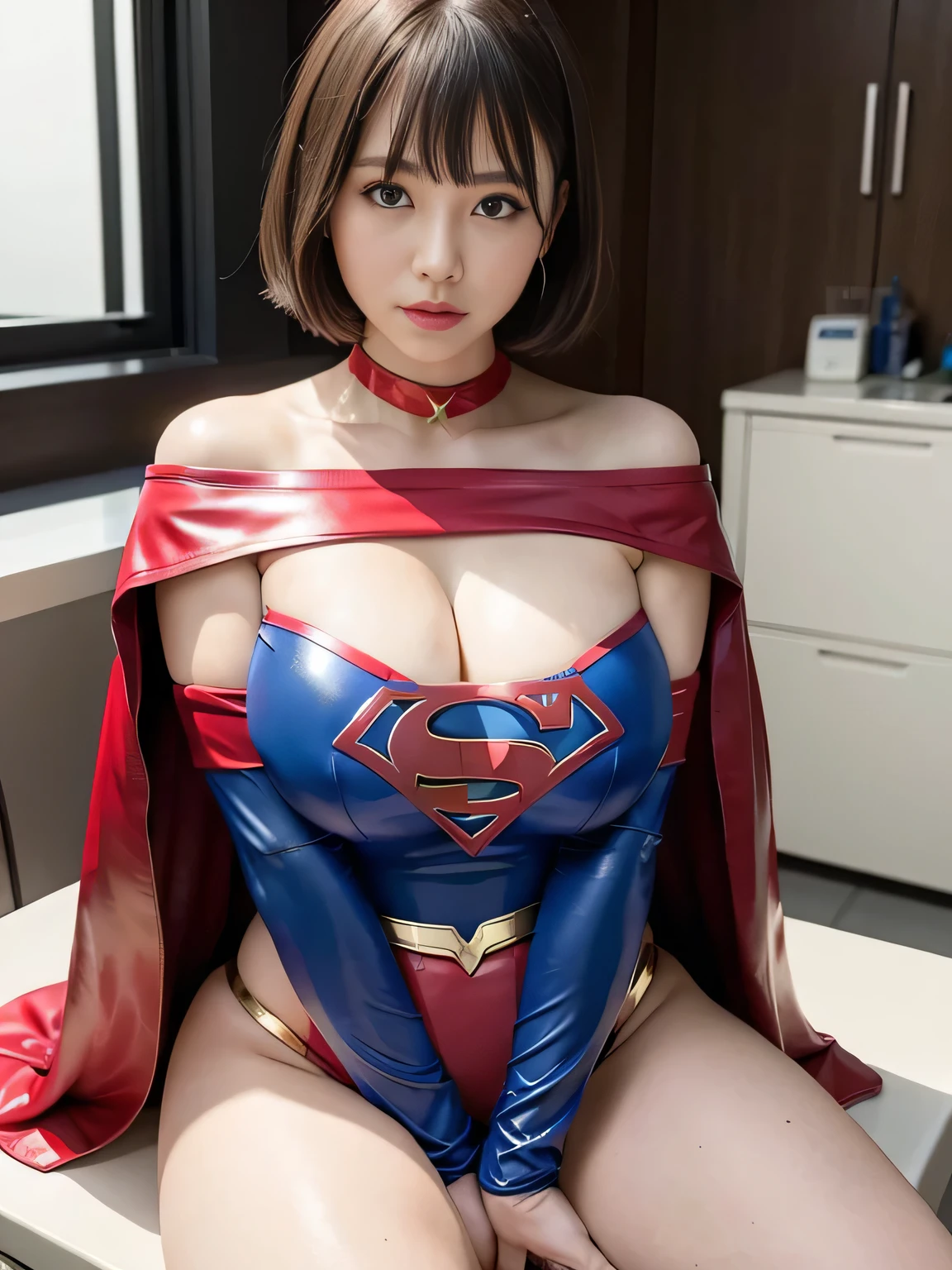 masterpiece、Rubber Supergirl Costume、short hair、Red rubber long boots、Big and ample 、shiny sweaty skin、looking at the camera、choker、Long sleeve、Sexy po to seduce、Off the shoulder、latex、From the front、Posing leaning against a desk、High leg leotard、Cape、Beautiful thighs、Photo magazine cover、Boasting beautiful legs、wallpaper for pc、