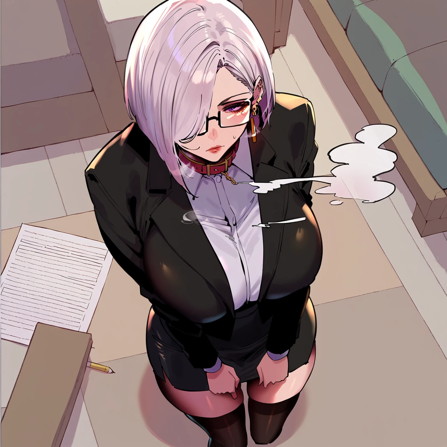 double bun,scientist shirt, mini skirt , no panty,laboratory, mouth cover, science glasses,Tight black leather skirt,and on the right side holds a test tube. The left hand holds a book,Gown shirt white color, big chest, see pussy , Water flows out of the pussy, creampie in pussy