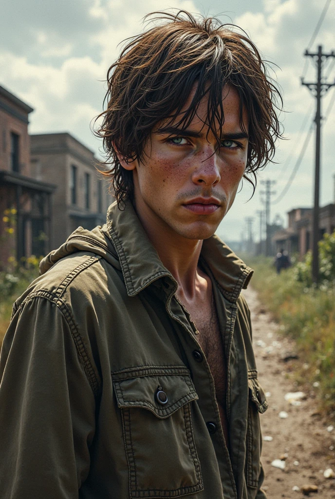 19 year old boy, his face expresses sadness and emptiness, his marked jaw, green eyes, marked dark circles, wavy black hair, blood stains around his forehead, thorns buried in his forehead. In the background you can see an abandoned church, and a black halo covers his head