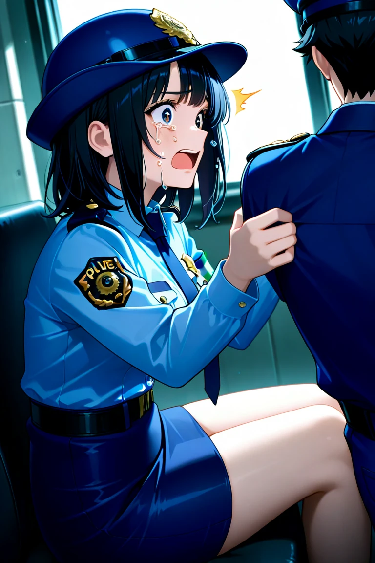 blue eyes, black hair, high res, happy and excited, penis penetrating pussy, skinny legs, sex not noticed by large crowd, background with large crowd, persons close on left and right side and behind and front, lay on low seat, in a contraption, small wall, wet shirt, crotchless pants, next to police officer