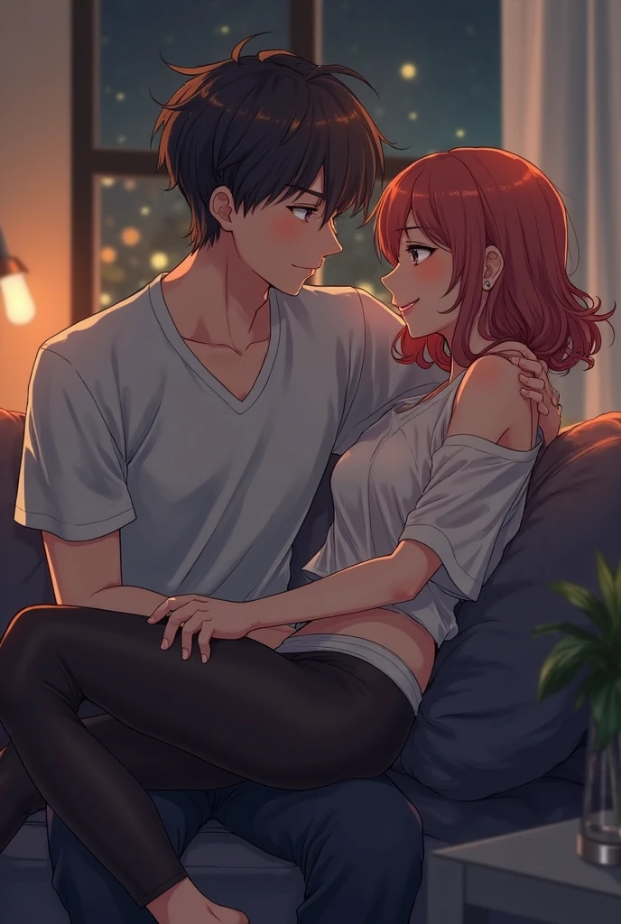 Obra maestra, mejor calidad, 8k, alto detalle,Un joven viste una camisa informal y un peinado estilo jeanessy.,Handsome facial features affectionately looking at the girl in front of him.。The girl was wearing cute pajamas..,El cabello es suave y fluido.,Hermosos rasgos faciales,Una sonrisa feliz en su rostro.。Se acurrucaron juntos en el dormitorio.,The moonlight outside the window shone on them.,The whole scene is warm and romantic.。Visto desde el lado,The man hugged the girl tightly..,The expression is focused and affectionate.,They are enjoying this wonderful moment.。Toda la calidad de la imagen es delicada y clara.,It's like a high resolution photo.,El tacto de la piel de hombres y mujeres y la textura de la ropa son muy reales.。