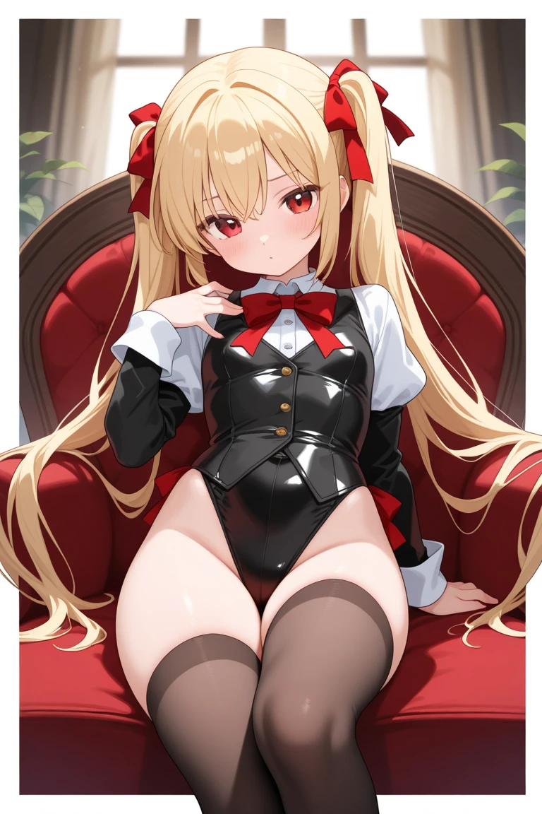 Late night bedroom、23 o'clock、Beautiful blonde girl dressed as a bunny girl、A smile、fake rabbit ears、Longhaire、large full breasts、thin-waist、Narrow thighs、Red Leotard、fishnet tights、sexypose、Put your hands behind your back、M-shaped legs