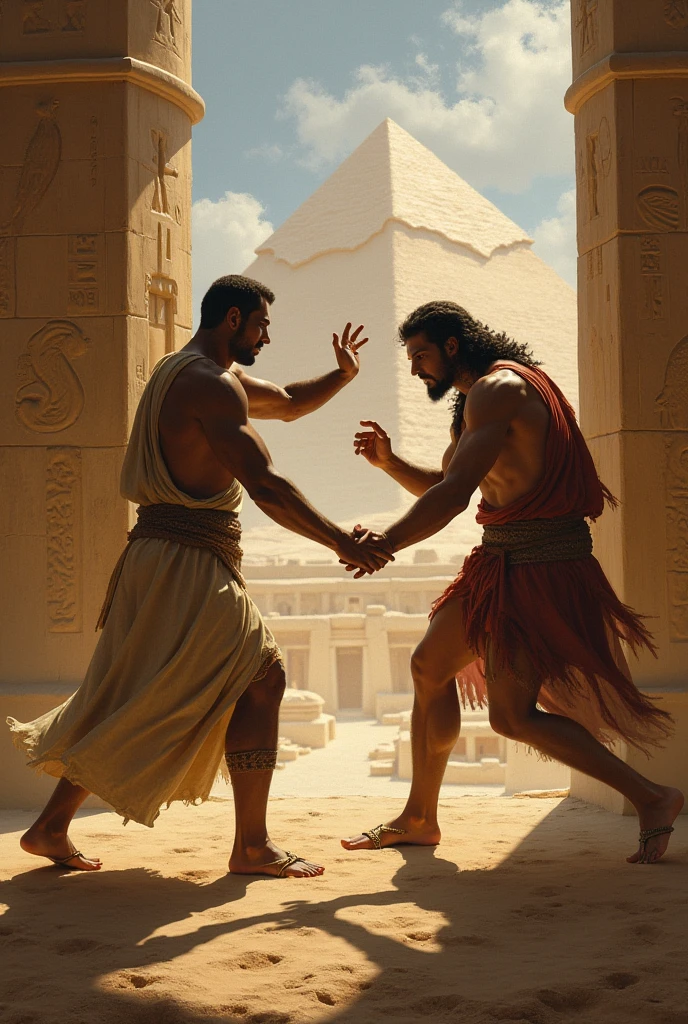 There are two cute boys fighting in a school in ancient Egypt. They are 15 years old. They are hitting each other. They are in ancient Egypt.