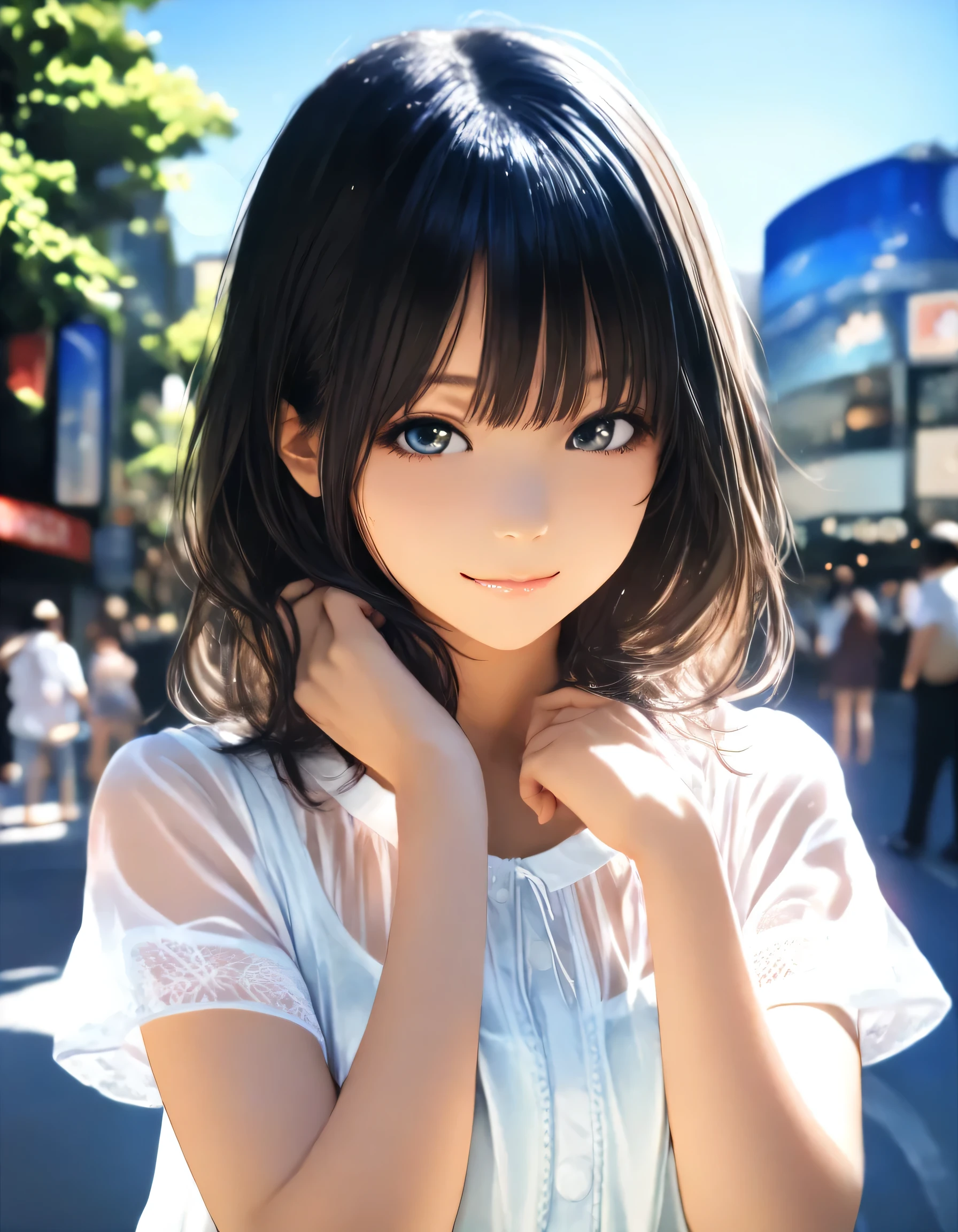 1girl, year 2016, upper body, early summer, Shibuya, blue sky, casual clothes, see through, masterpiece, high score, great score, absurdres, 16k, Ultra detailed, (photorealistic : 0.5)