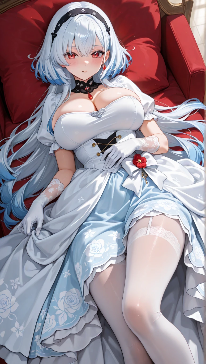 masterpiece, best quality, ((young woman)), (shy), ((narrow waist)), pale skin, bedroom, bed, white highleg lace-trimmed leotard <lora:LaceTrimmedLeotard:0.6> ,((leotard_aside)), white stockings, laying on bed, ((on back)),(spread legs), shiny skin, blush, closed eyes, moaning, open mouth, crystal rose sona, blue hair, <lora:crystal_rose_sona-000021:0.8>, vaginal, torso grab, penis, <lyco:Saya-pov missionary(torso grab):1.0> <lora:Concept_PantiesAside_1.1:.7> panties aside <lora:add_detail:0.5> ((huge breasts))