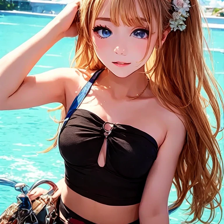 Blonde girl、ponytails、ribbons、bikinis、