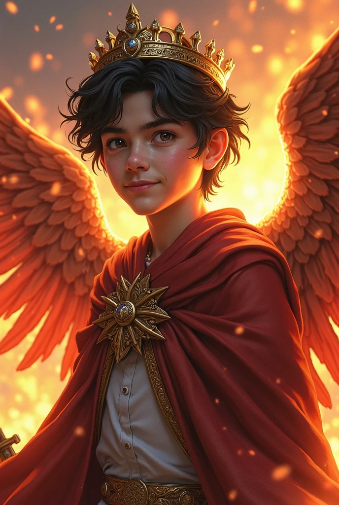 An 8 year old boy stands looking up at the sky, amazed and happy seeing the phoenix taking flight, at night, sparks, stars, fire, vibrant, contrasting colors, lovely iridescent lighting, textures, intricate details --auto --s2