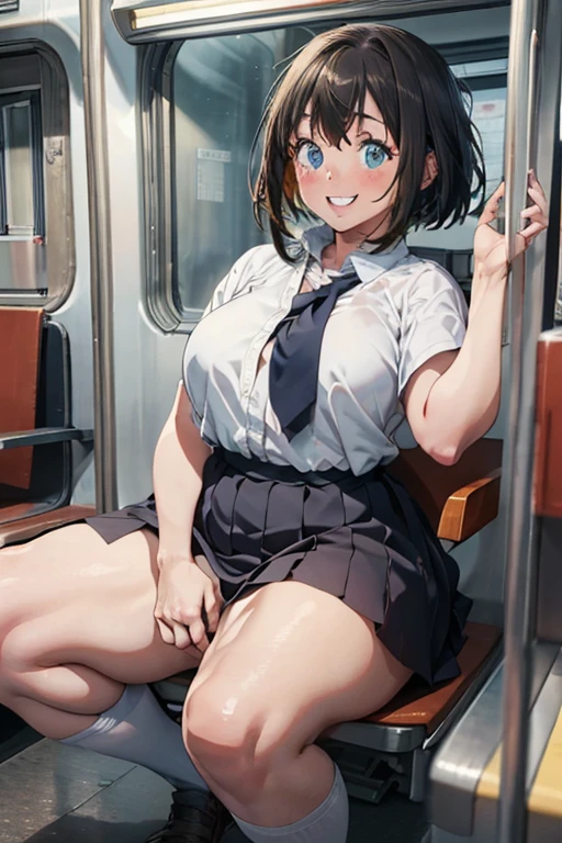 ,blazer ,mini skirt,white underwear,Squat down and spread your legs wide,black hair,short hair,smile,double teeth,I'm not wearing underwear,No panties,train seats,Overflowing with love juice,Excited to be seen,blushing in the face,Taking off your clothes and exposing yourself,naked,There are men around,There is underwear on one leg