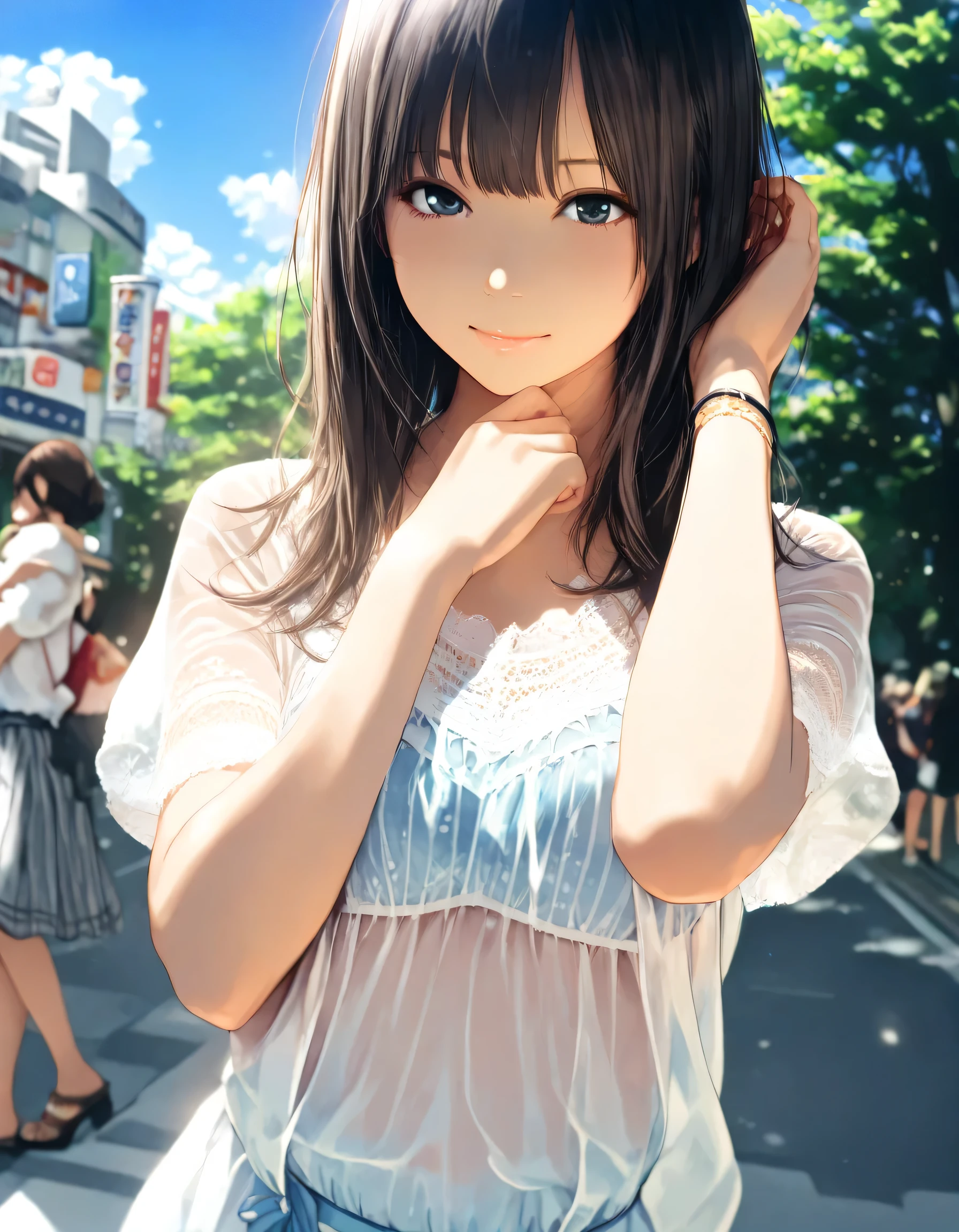 1girl, year 2016, upper body, early summer, Shibuya, blue sky, casual clothes, see through, masterpiece, high score, great score, absurdres, 16k, Ultra detailed, (photorealistic : 0.5)