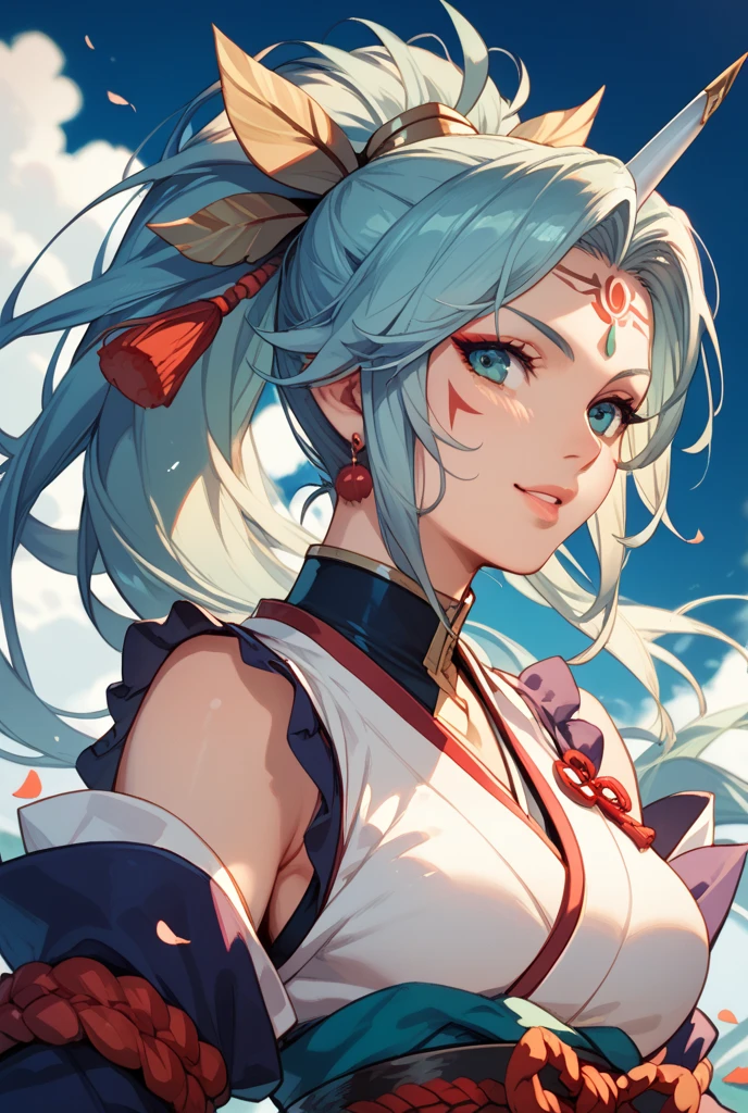sharp focus, detailed outfit, key visual, (a character illustration by Lü Ji:1.2), an Egyptian woman with natural looking horns on her head, viewed from the waist up, sitting down, (head and body facing viewer straight on), resting her head in her left hand, (facing the viewer), seen from in front, ((wearing a blue floral halter top)), geometric background behind head but cloud background everywhere else, earth tone colors, line art, modernism, natural style, opal colored iris, detailed iris, soft focus, artstation, manga art, soft light, (glow) fresh and lively vibe. ultra detail, vibrant colors, girl, masterpiece, sharp focus, best quality, depth of field, cinematic lighting, correct anatomy,
