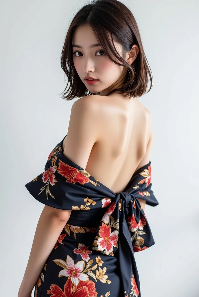 (masterpiece, highest quality:1.4), Beautiful Face, 8k, 85mm, Absurd, (Floral Yukata:1.4), Face close-up, violet, Gardenia, Delicate girl, alone, night, View your viewers, Upper Body, Film Grain, chromatic aberration, Sharp focus, Face Light, Professional Lighting, Sophisticated, (smile:0.4), (Simple Background, Bokeh Background:1.2), detailed aspects,(((Show one breast:1.37))),((Very young and immature & Very few &  Very flat chest:1.2),(Pink fashion glasses,1),(Showing ???? from behind:1.4),