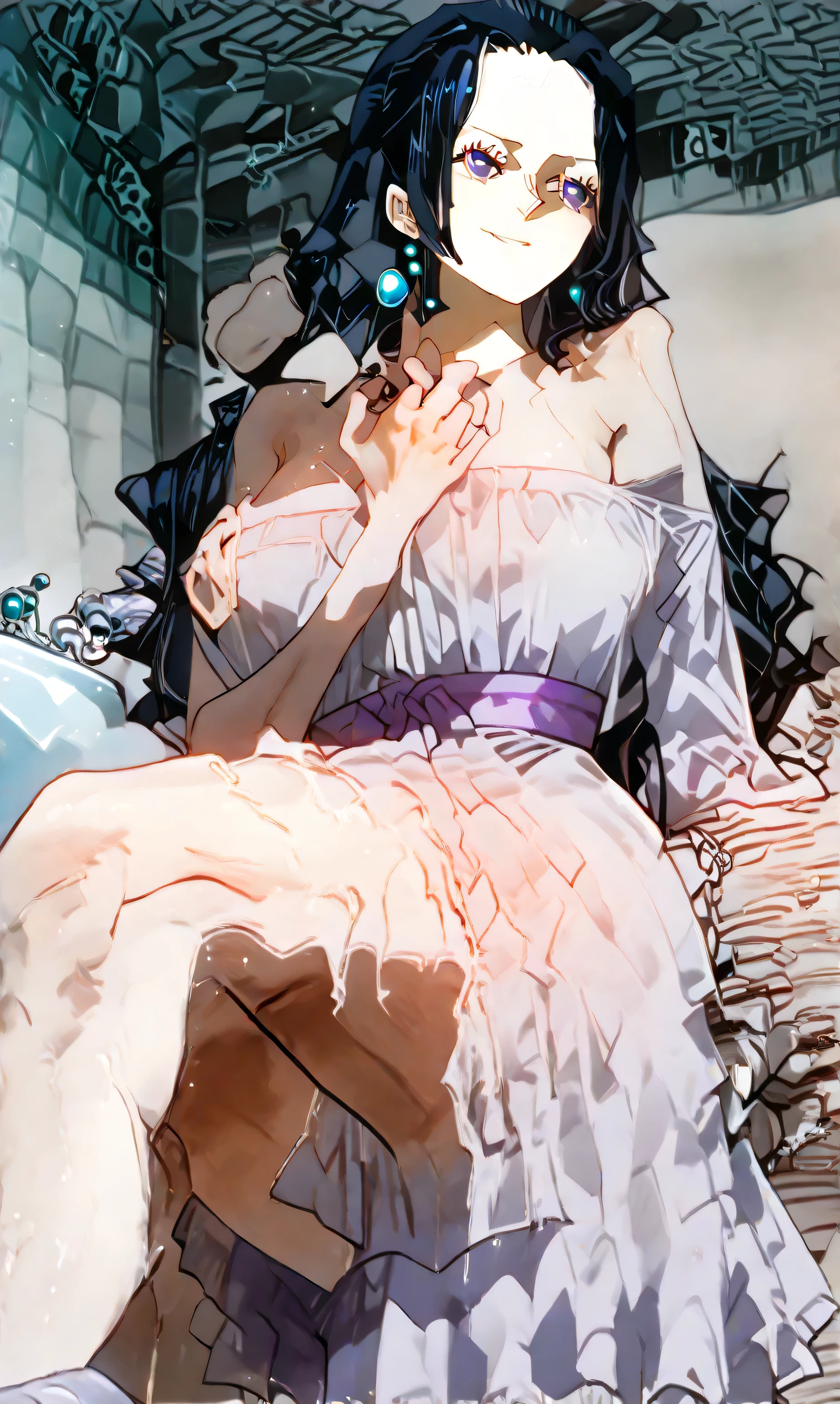 { - anatomy error}(Masterpiece - Ultra-detailed, very high resolution) moonlight, hyper-realistic of a mysterious woman with flowing black hair, ears of elf, piercing opal eyes, and a delicate lace crown, delicate smile, whole body, sitting on the ground