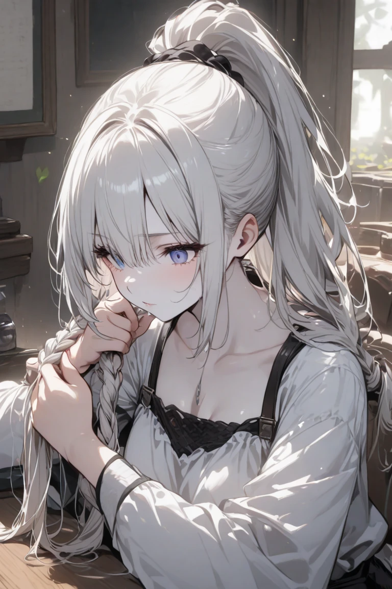 silber hair、Semi-long hair,{{{{{{{{ Black Parker Oversize }}}}}}}},beautiful and delicate golden eyes,Thinking,Black clothes,