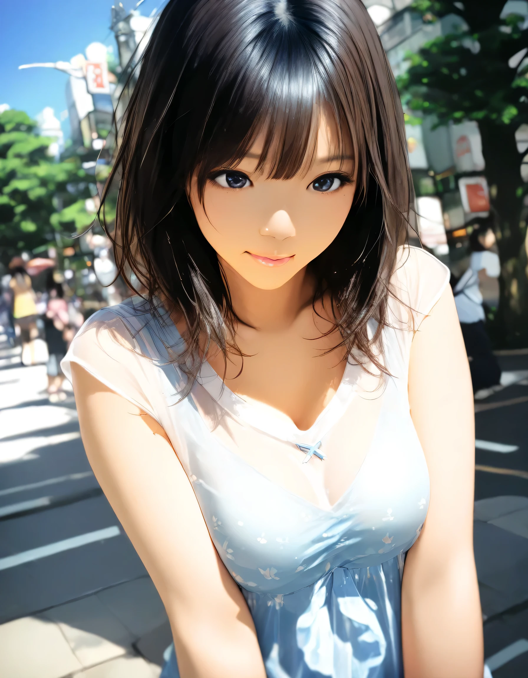 1girl, year 2016, upper body, early summer, Shibuya, blue sky, casual clothes, see through, masterpiece, high score, great score, absurdres, 16k, Ultra detailed, (photorealistic : 0.5)