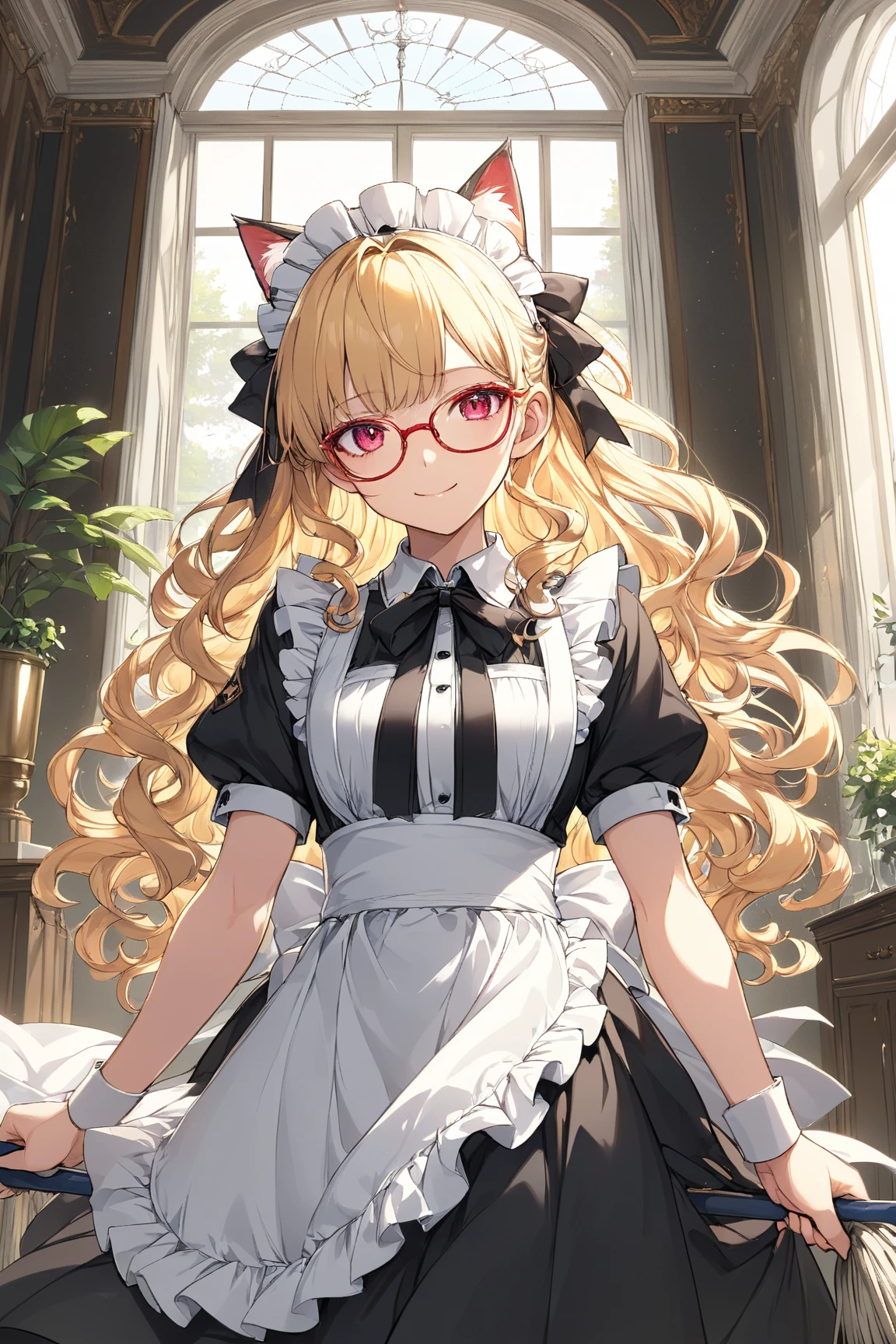 High resolution, Exposed breasts, bangs, Blonde, Brown Hair, ponytail, Cat ear, Maid Head Accessories, Dutch Angle, Anatomically correct, Highest quality, High resolution, masterpiece, accurate, High detail, Ultra high definition, Bangs, smile, Character portrait, Setting diagram, Wear glasses, Half-rim glasses, Sportswear, Maid clothes, Mecha Armament,