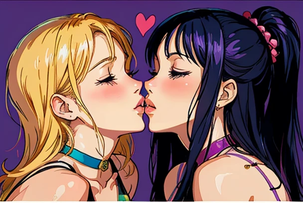 detailed illustration (side view),dynamic angle, ultra-detailed, illustration, close-up, 2girls, lesbian kiss, blonde hair, black hair, cheerleader, goth, blue eyes, purple eyes, tattoos, sitting on bed, bedroom