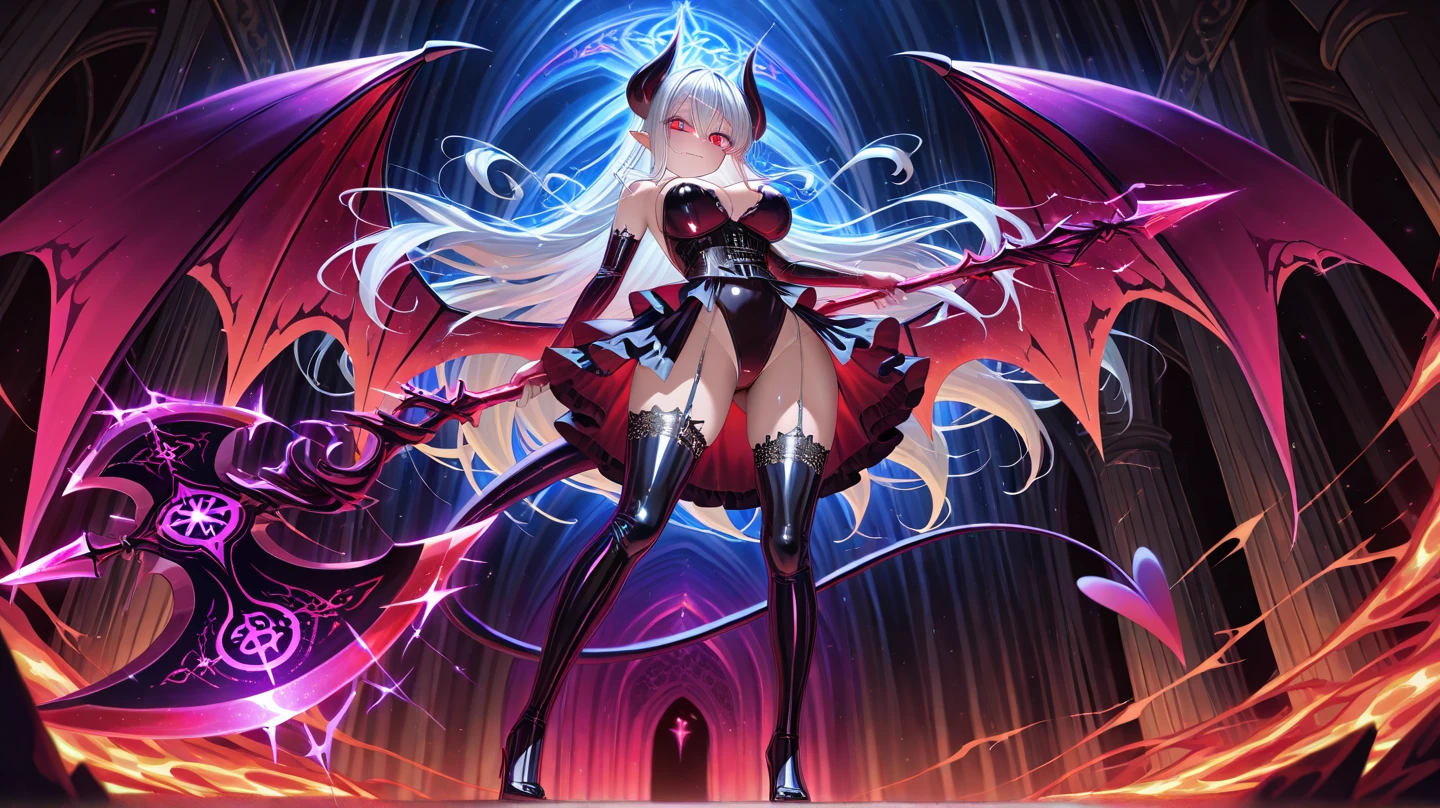 full body picture Unreal Engine 5 8K UHD of beautiful demon women, white short hair, demon, fantasy world, shiny black armor with red details, gold accessories, purple demon eyes, black high heels, gold earrings, holding a whip, devil horn, black long glove with arm cuffs and red details, black smoke on left hand, demon wings, best quality, masterpiece