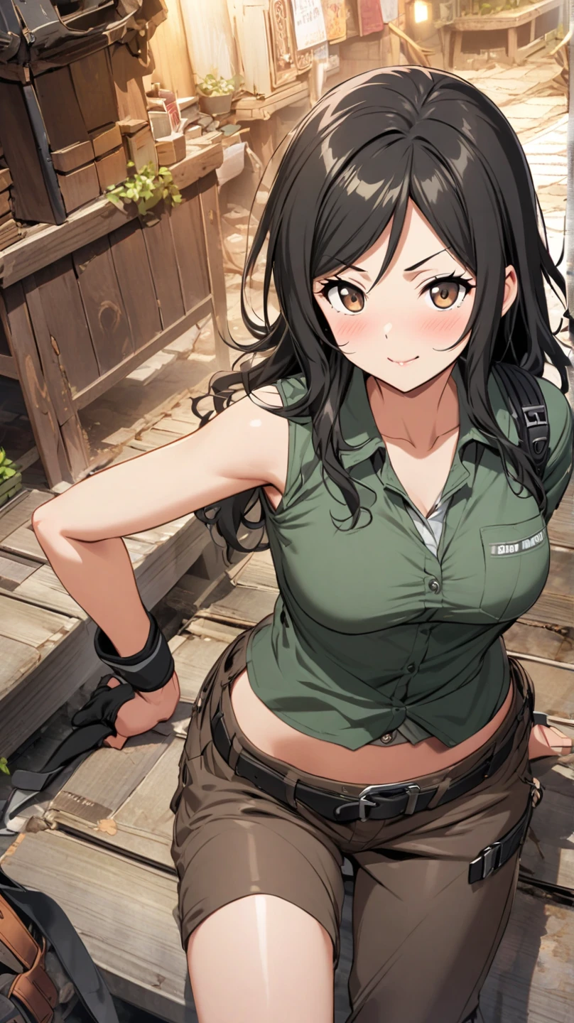 ((best quality)), ((masterpiece)), (detailed), perfect face, brown skin anime woman in a deep V Neck front-tie top, (bare shoulders), (camo shorts), (jungle camo designed top), famished in hunger, (gently resting hands on stomach), (long hair), (hands on her stomach), (slim and fit woman)