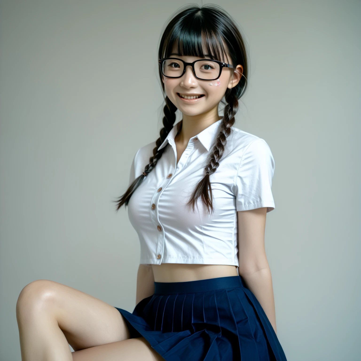 (Best Quality,4K,High resolution:1.2), Ultra-detailed, Realistic portrait, Best Quality, (outside japanese high school), (passionate scene),one very young looking high school girl, (intense emotion), (carp), (kiss:1.1), , (open eyes),(innocent look), student clothes, long black hair with bows and ribbons、Mini Pleated Skirt、(Stockings), open mouth, (very big breasts), lingerie, pigtails, thin tiny waist, black and pink marching band uniform with bow, having fun, , big brown eyes, big cute smile, (full body, perfect long legs, looking up staring into camera, far away), (muscular lean abs, tight cropped blouse), (large round black rimmed glasses), (cat ears, thigh gap, sitting on school desk, legs spread open)