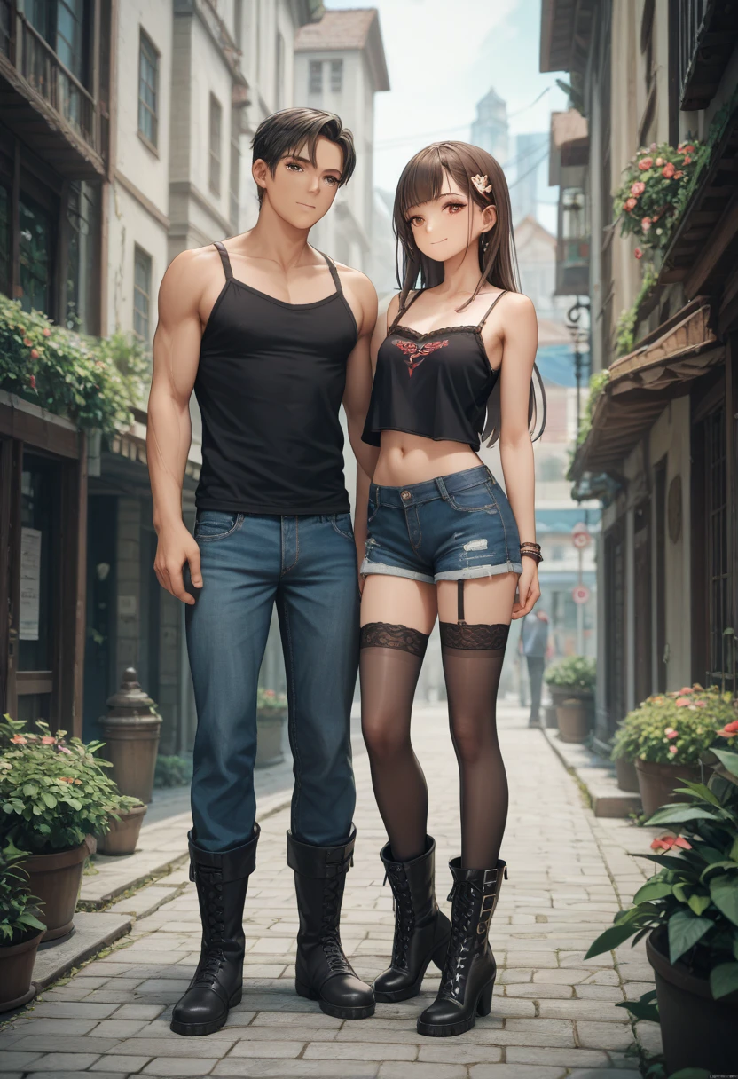 2 joyful teens people(1 guy and 1 girl), holding hands, Brother and sister, Love, friendship, chubby, brown-eyed, very shaggy tousled brown topless and jeans, lace-up boots, smile at each other; whole body, realistic skin, Realistic eyes, Same height, Modern, High quality textures, very detailed, Anatomical Realism of Hands, Fantastic cutie, funny, IP design, Clean 3D rendering of bright backgrounds, OC rendering, 8K, мягкий focus, Ultra-Thin Glossy Detail --Air 3:6 50 --q 2 --niji 5 --expressive style --s 2
