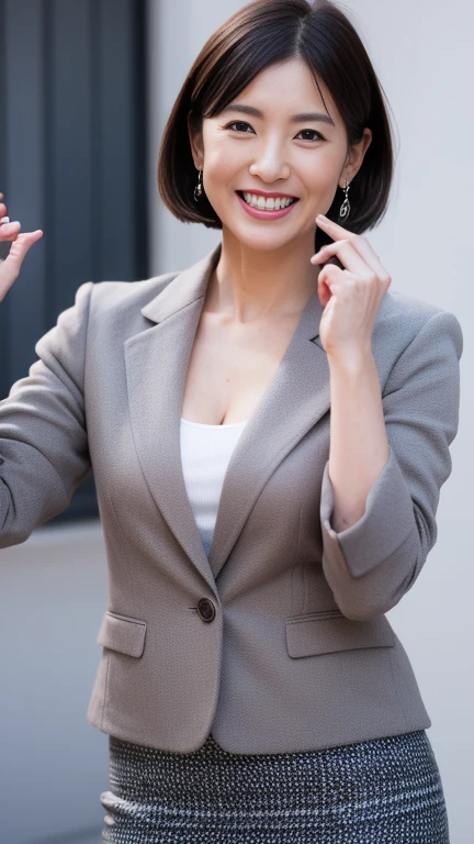 Raise your hand,(((Inside the company)))、Wearing a business jacket,Wear a shirt,look at the camera with a smile、(Panties:1.5)、woman, 20-year-old, Short Hair,私のPantiesを露出させてください...、(レースのPantiesー)、(Tilt your head a little)、Detailed skin、Detailed skin、Detailed Sweat