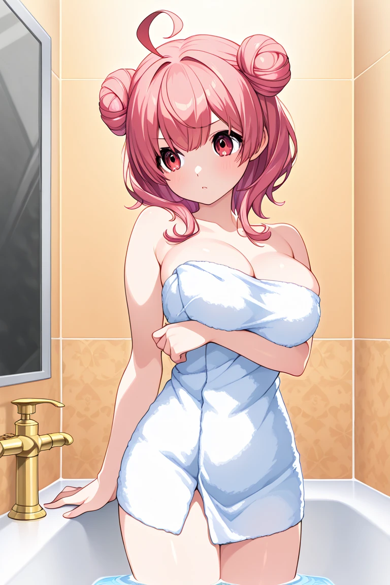 Curve, 1girl in, 独奏, Nakano Nino, Pink hair, butterfly hair ornament, (barechested:1.3), (White Apron), cleavage of the breast, thighs thighs thighs thighs, Cafe Background, (red blush:1.3), Opening legs ,thick thight, Fat thighs, wide hips, Plump、I can see the cleavage.、A pink-haired、Blue eyes、high-level image quality、in a house、hight resolution