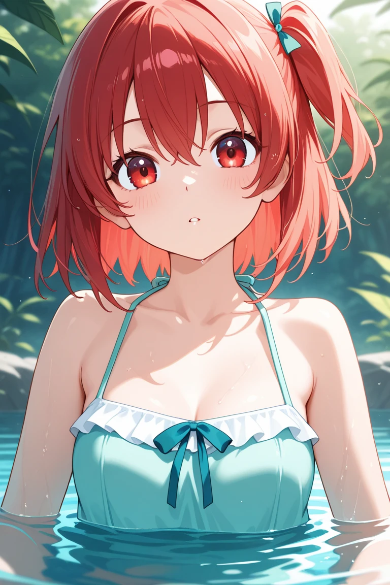 masterpiece, best quality, bag, kurosawa ruby, red hair, short hair, two side up, flat chest, small breast,Woman standing alone in a lake, bikini, lace bikini, shot from behind,, white light background, full body shot, small breast, short hair , standing
