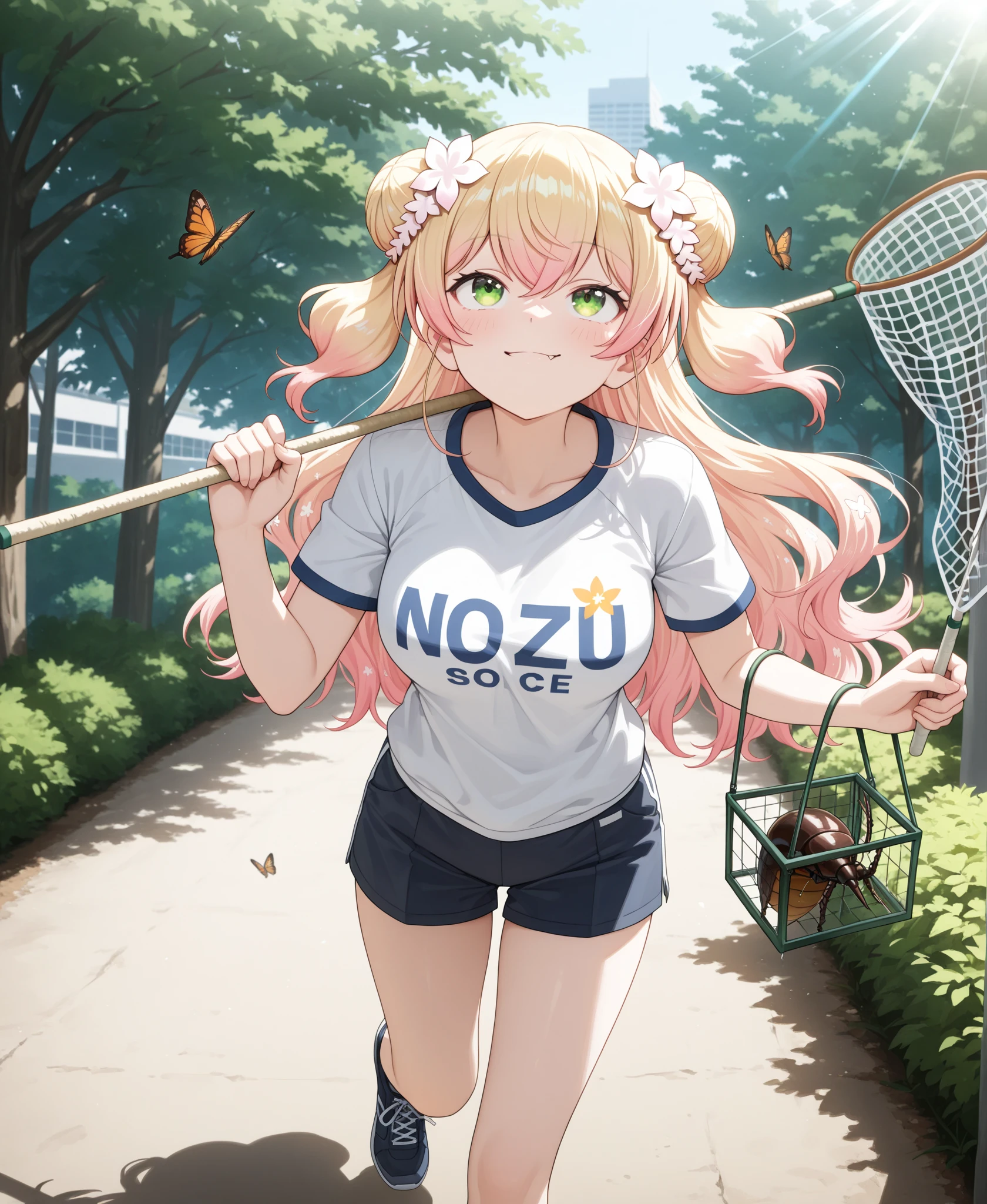 1girl, smile, nsfw,  mochizukierena, blonde hair, hair between eyes, french braid, hair ribbon, purple ribbon, very long hair, green eyes, , empty eyes , large breasts, solo, nsfw, nipple, ride a bicycle, Bicycle uniform