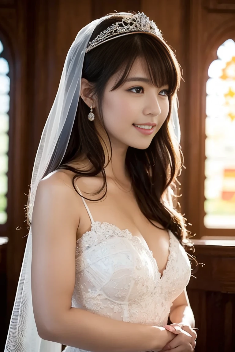 (Best quality at best, tmasterpiece:1.2), (actual:1.3), (Ultra detailed backgrounds, detailedbackground), bokeh, highly detail eyes, 二重まぶた, ((mediuml breasts)), (Fantasy tight cleavage), ((spread breasts)), ((Sexy and obscene)), (Big and beautiful areolas:1.2), Ruffled see-through dress, (Sheer white dress with lace trim:1.4), Bridal tiara, Gorgeous Parchment See-through Wedding Dress, Luxurious see-through wedding dress, Classic see-through wedding dress, Exhibited, wedding veil, bridalgauntlets, Bridal cascading bouquet, The upper part of the body, Church weddings, from the above, The skirt is round and wide, highly detail eyes, 二重まぶた, (Lovely beauty smiling:1.3), 1个Giant Breast Girl, cute big breasts, age uncensored, posing on a, Smiling, dynamic angle, dynamicposes, (()), ((Not wearing a bra)), short detailed hair,